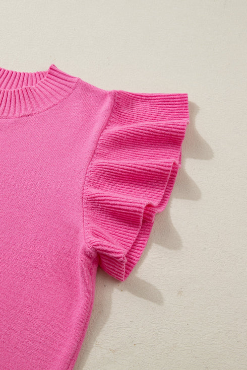 Solid Ribbed Trim Ruffle Round Neck Short Sleeve Sweater