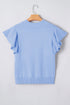 Solid Ribbed Trim Ruffle Round Neck Short Sleeve Sweater