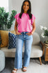 Solid Ribbed Trim Ruffle Round Neck Short Sleeve Sweater