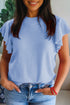 Solid Ribbed Trim Ruffle Round Neck Short Sleeve Sweater