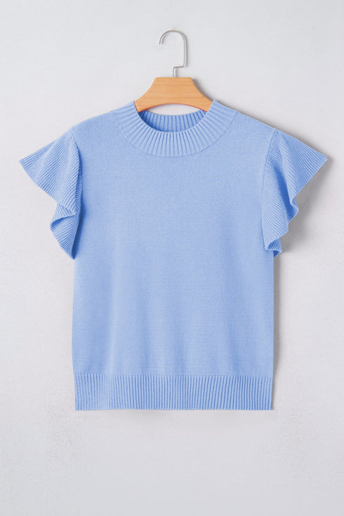 Solid Ribbed Trim Ruffle Round Neck Short Sleeve Sweater