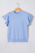 Solid Ribbed Trim Ruffle Round Neck Short Sleeve Sweater