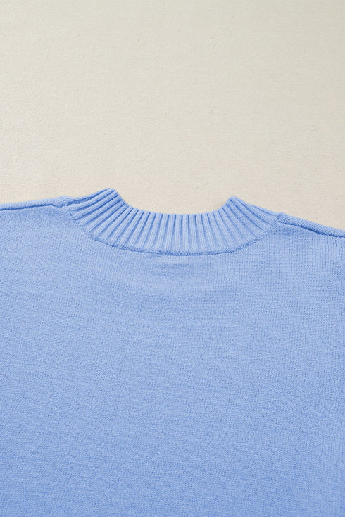 Solid Ribbed Trim Ruffle Round Neck Short Sleeve Sweater
