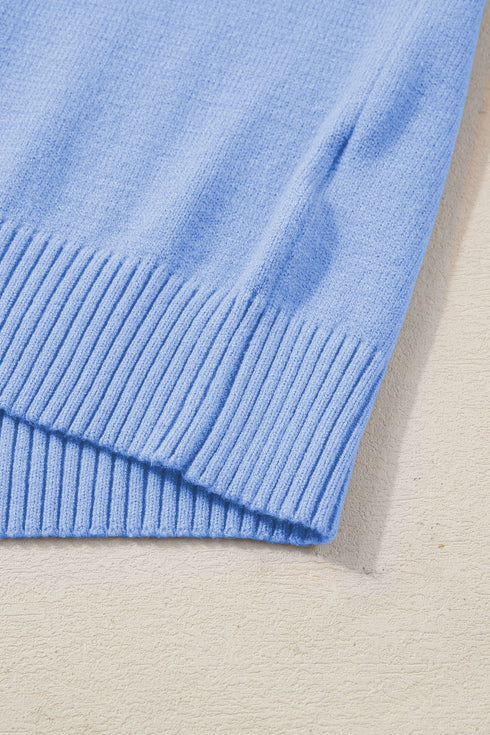 Solid Ribbed Trim Ruffle Round Neck Short Sleeve Sweater