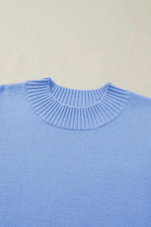 Solid Ribbed Trim Ruffle Round Neck Short Sleeve Sweater
