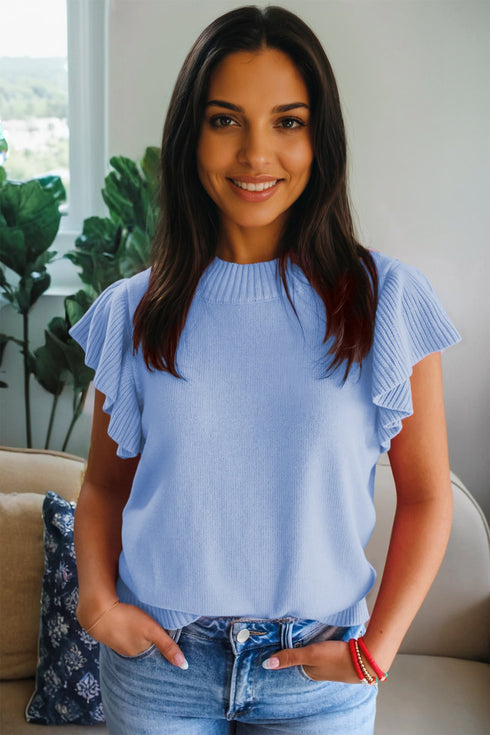 Solid Ribbed Trim Ruffle Round Neck Short Sleeve Sweater