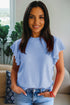 Solid Ribbed Trim Ruffle Round Neck Short Sleeve Sweater