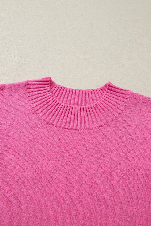 Solid Ribbed Trim Ruffle Round Neck Short Sleeve Sweater