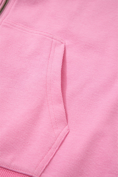 Solid Ribbed Zip Up Drawstring Hooded Jacket