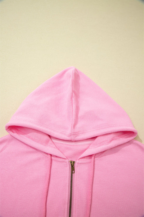 Solid Ribbed Zip Up Drawstring Hooded Jacket