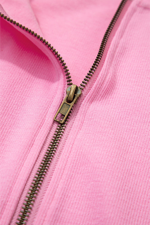Solid Ribbed Zip Up Drawstring Hooded Jacket