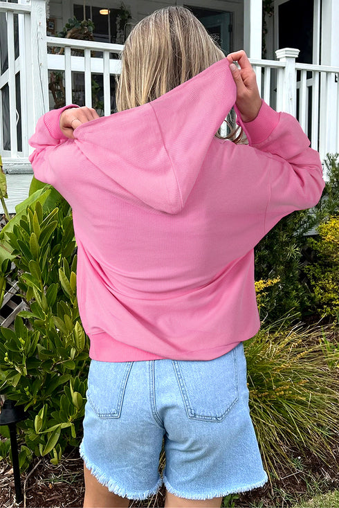 Solid Ribbed Zip Up Drawstring Hooded Jacket