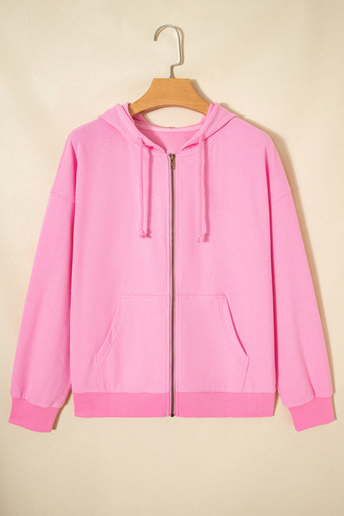Solid Ribbed Zip Up Drawstring Hooded Jacket