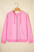 Solid Ribbed Zip Up Drawstring Hooded Jacket