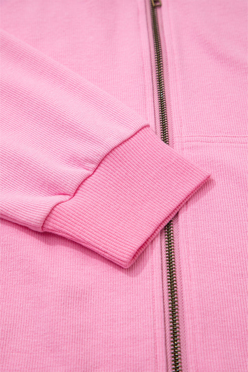 Solid Ribbed Zip Up Drawstring Hooded Jacket