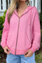 Solid Ribbed Zip Up Drawstring Hooded Jacket