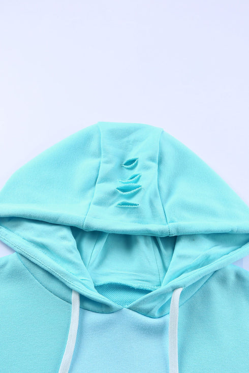 Solid Ripped Hooded Sweatshirt With Kangaroo Pocket