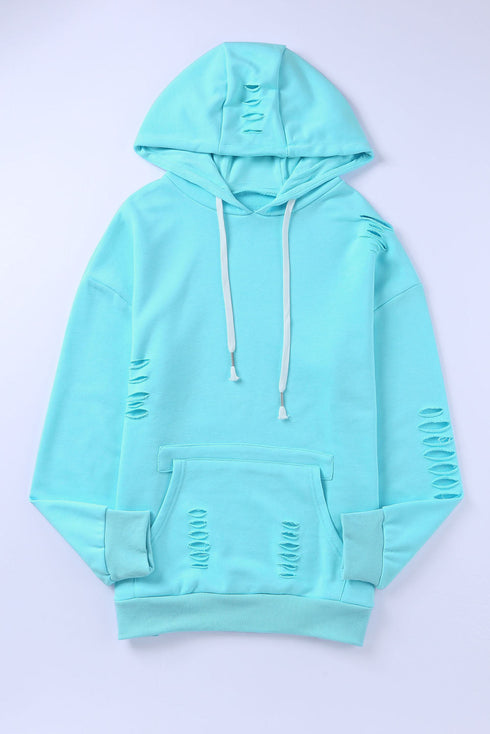 Solid Ripped Hooded Sweatshirt With Kangaroo Pocket