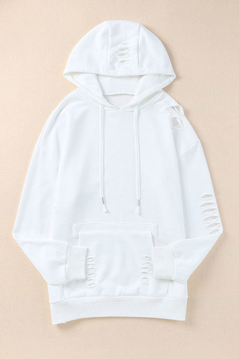 Solid Ripped Hooded Sweatshirt With Kangaroo Pocket