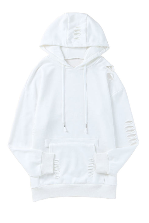 Solid Ripped Hooded Sweatshirt With Kangaroo Pocket