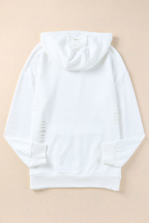 Solid Ripped Hooded Sweatshirt With Kangaroo Pocket