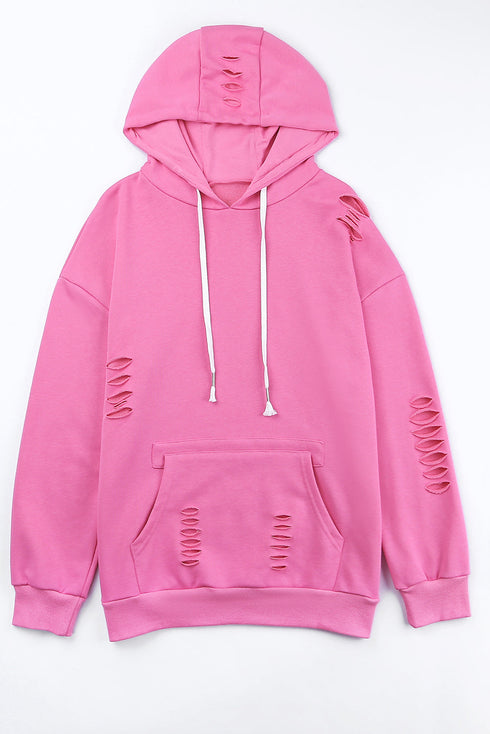 Solid Ripped Hooded Sweatshirt With Kangaroo Pocket