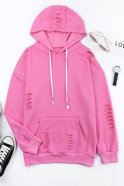 Solid Ripped Hooded Sweatshirt With Kangaroo Pocket