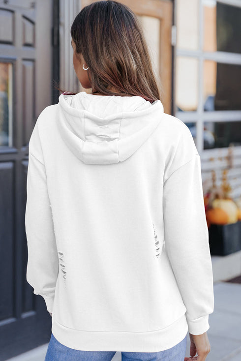 Solid Ripped Hooded Sweatshirt With Kangaroo Pocket