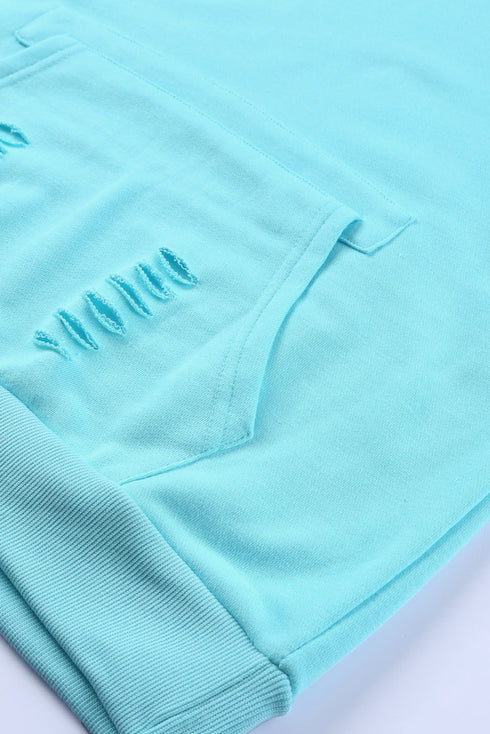 Solid Ripped Hooded Sweatshirt With Kangaroo Pocket