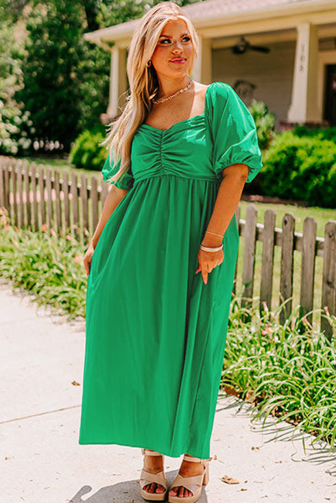 Solid Ruched Front Puff Sleeve A Line Maxi Dress