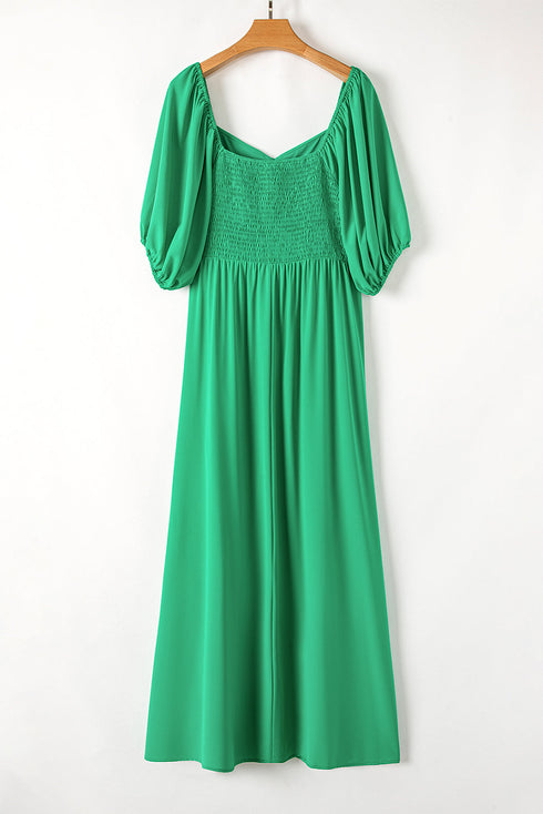 Solid Ruched Front Puff Sleeve A Line Maxi Dress