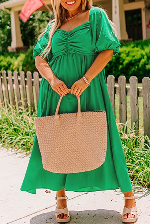 Solid Ruched Front Puff Sleeve A Line Maxi Dress