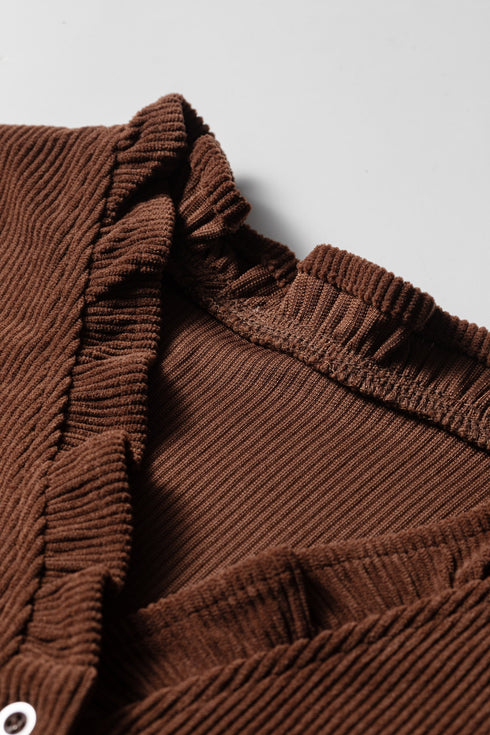 Solid Ruffle Trim V Neck Long Sleeve Button Corduroy Jacket