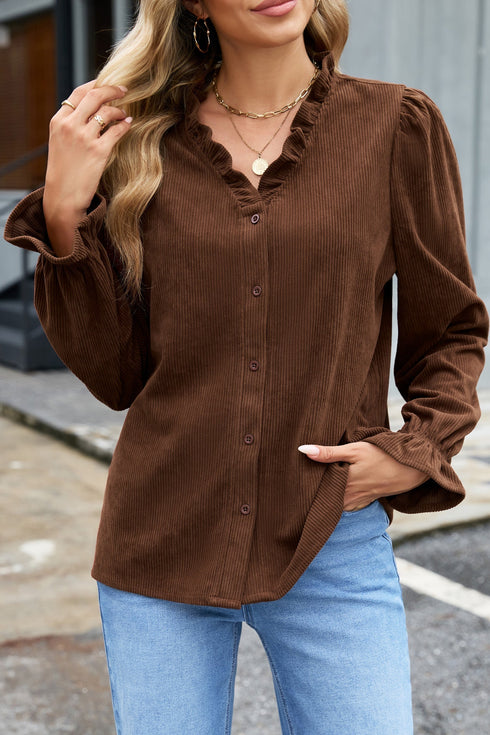 Solid Ruffle Trim V Neck Long Sleeve Button Corduroy Jacket