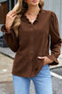 Solid Ruffle Trim V Neck Long Sleeve Button Corduroy Jacket