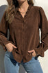 Solid Ruffle Trim V Neck Long Sleeve Button Corduroy Jacket