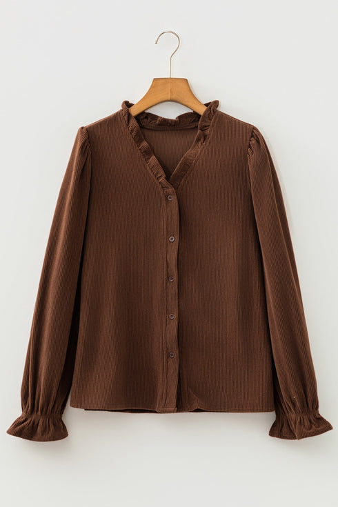 Solid Ruffle Trim V Neck Long Sleeve Button Corduroy Jacket