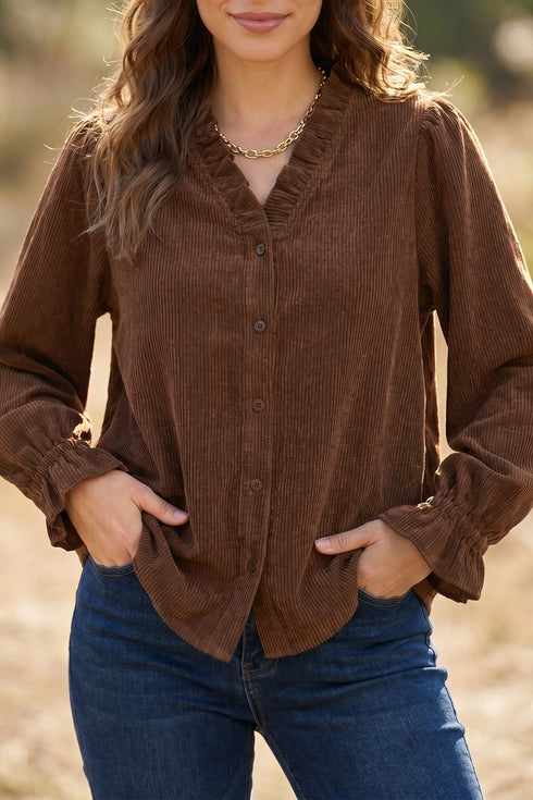 Solid Ruffle Trim V Neck Long Sleeve Button Corduroy Jacket