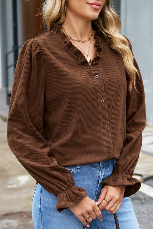 Solid Ruffle Trim V Neck Long Sleeve Button Corduroy Jacket