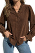 Solid Ruffle Trim V Neck Long Sleeve Button Corduroy Jacket