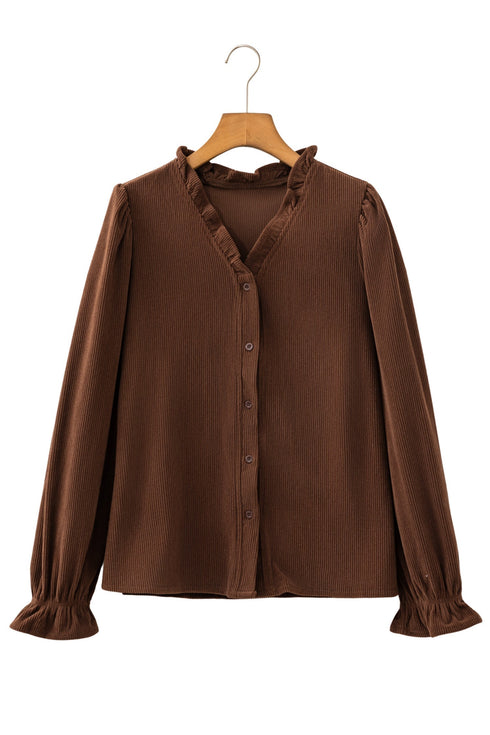 Solid Ruffle Trim V Neck Long Sleeve Button Corduroy Jacket
