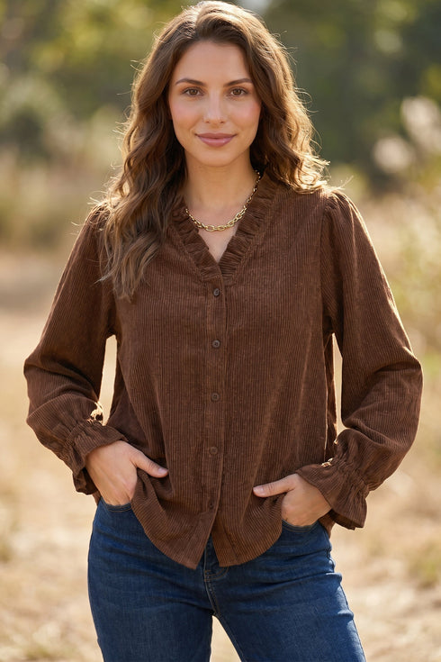 Solid Ruffle Trim V Neck Long Sleeve Button Corduroy Jacket