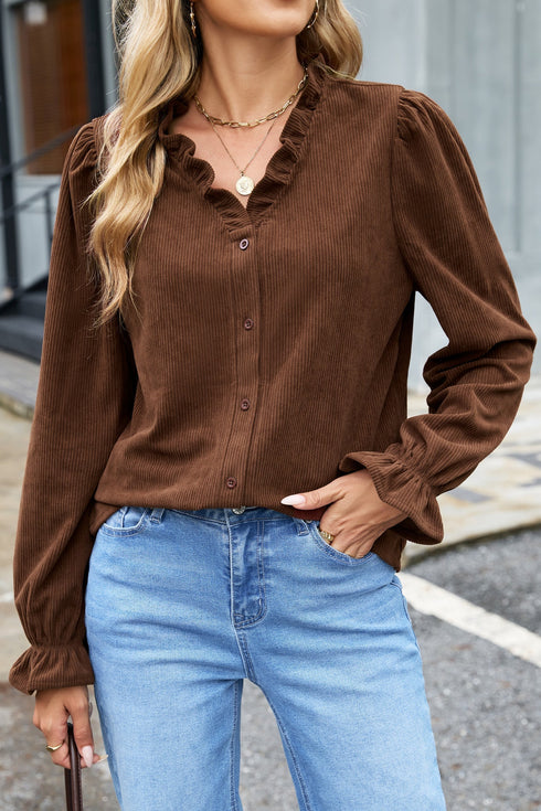 Solid Ruffle Trim V Neck Long Sleeve Button Corduroy Jacket