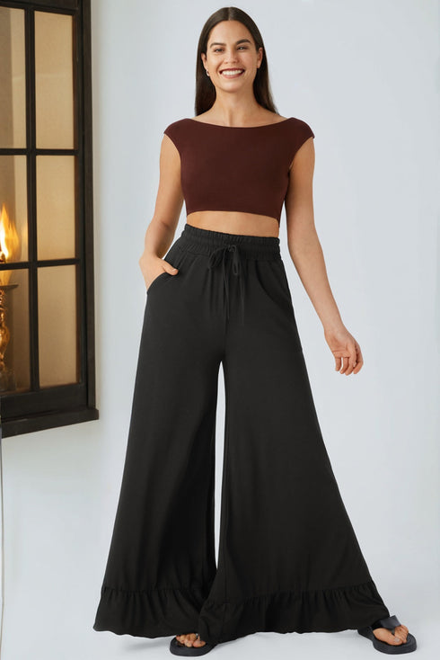 Solid Ruffled High Waist Wide Leg Pocket Pants
