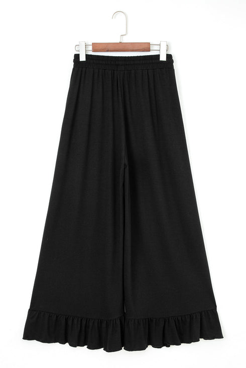 Solid Ruffled High Waist Wide Leg Pocket Pants