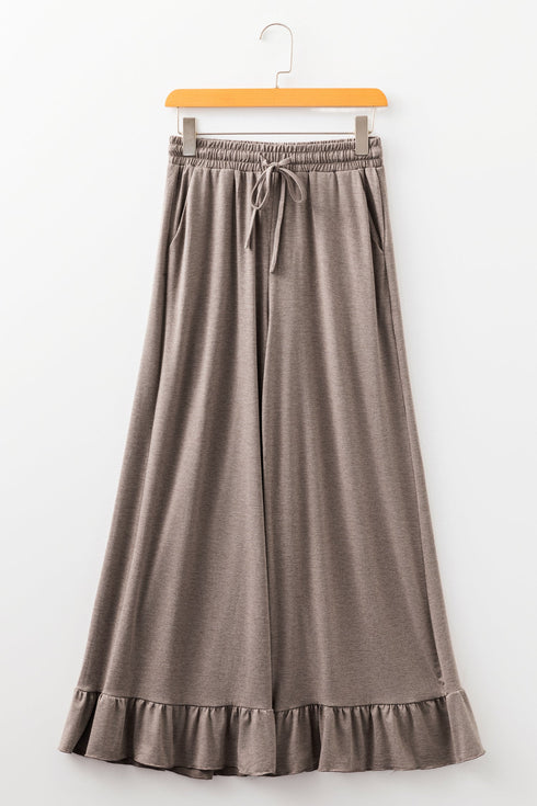 Solid Ruffled High Waist Wide Leg Pocket Pants
