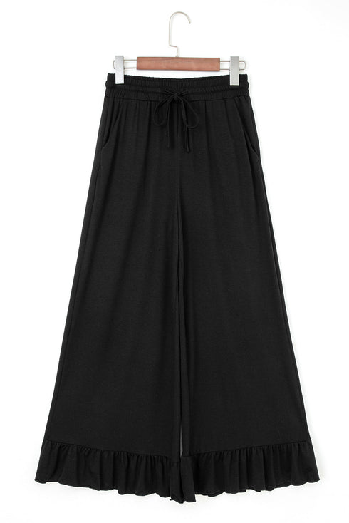 Solid Ruffled High Waist Wide Leg Pocket Pants