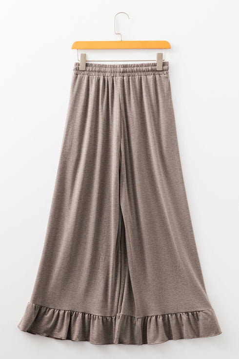 Solid Ruffled High Waist Wide Leg Pocket Pants