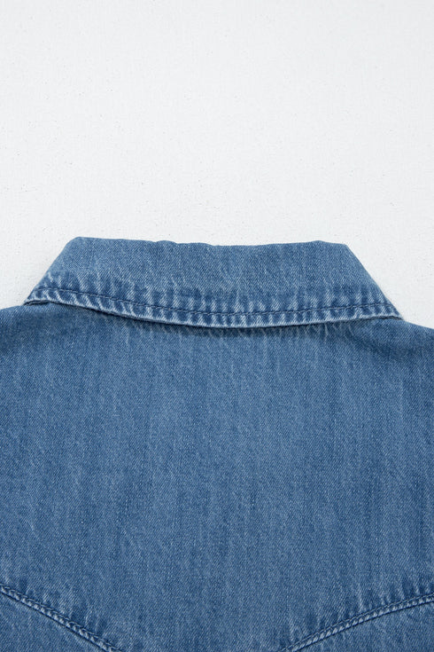 Solid Ruffled Short Sleeve Western Denim Shirt