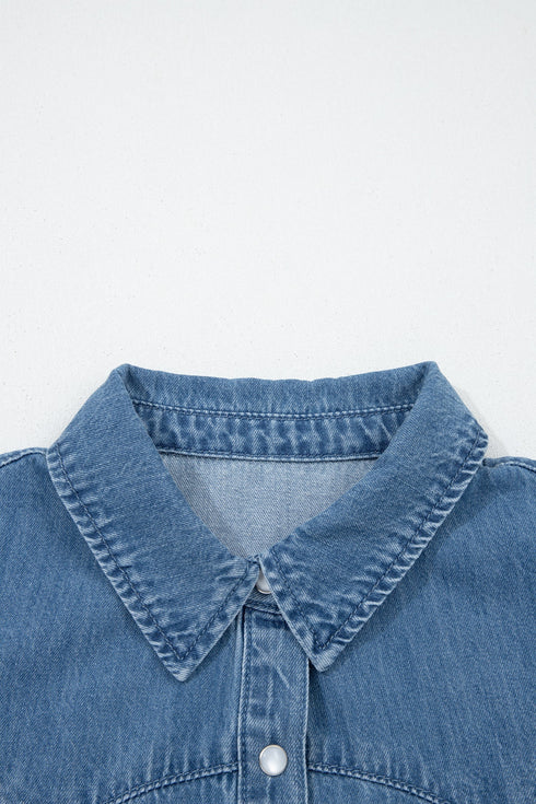Solid Ruffled Short Sleeve Western Denim Shirt